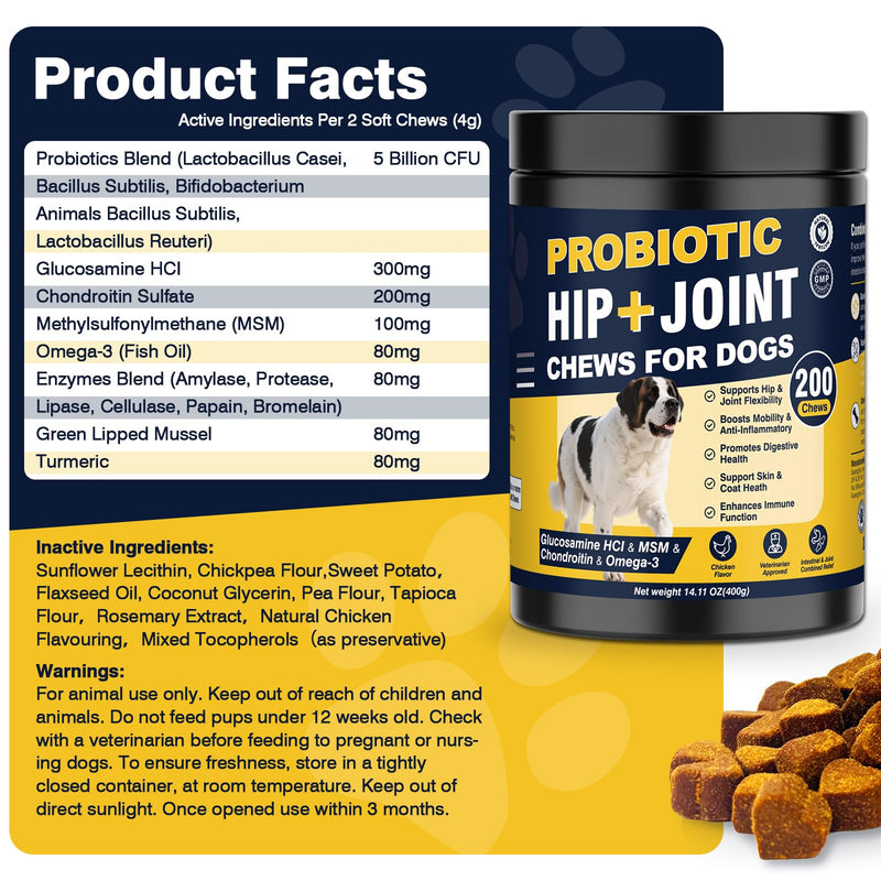 Hip and Joint Supplement for Dogs Dog Probiotics Glucosamine Chondroitin MSM Chew for Dog Arthritis Pain Relief Extend Joint Care, Probiotic for Digestive/Gut Health for Large/Small/Senior Breed Dogs Chicken