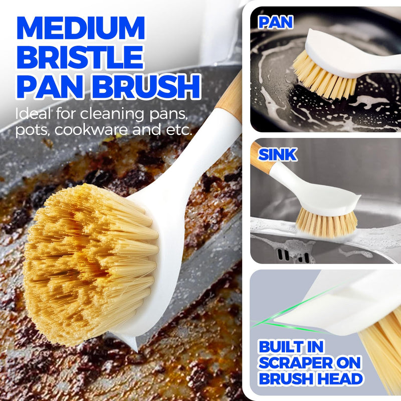 Holikme 3 Pack Dish Brush Set with Bamboo Handle, Kitchen Scrub Brush for Cleaning Dish, Pot, Sink and Stove, Skillet Scrubber with Tough Bristles for Cast Iron Grill Pan, Yellow White Black - BeesActive Australia
