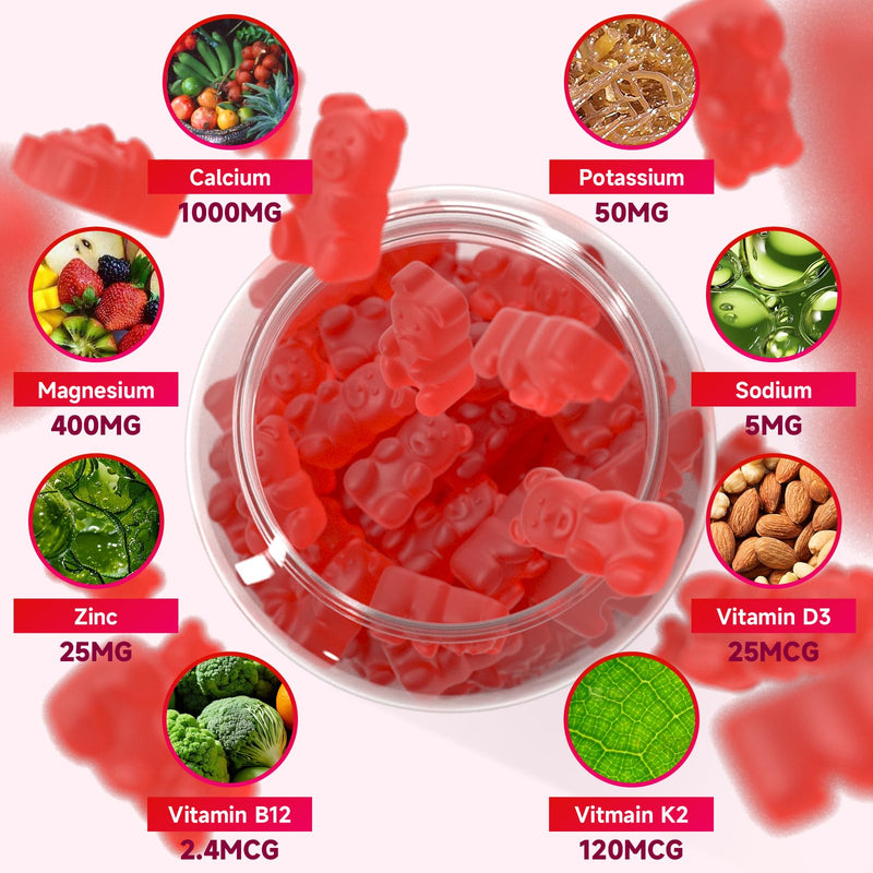Calcium Gummies 1000mg with Vitamin D3 K2 & B Complex, Potassium, Calcium Magnesium Zinc Gummies for Bone, Muscle, Mood and Immunity - Vegan, Non-GMO, Strawberry Flavor 120 Count 2 Pack (120 Count)