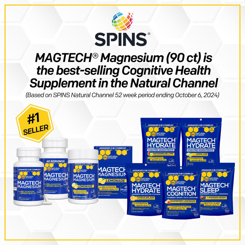 MagTech Magnesium Cognition Powder with Lions Mane Mushroom, 14 Servings | Sugar Free Focus Supplement for Adults - Magtein L-Threonate, Glycinate & Taurate Magnesium Complex - Natural Stacks Cognition (Raspberry Lemonade)