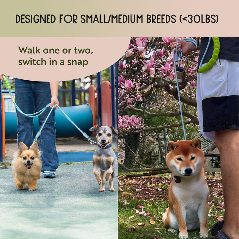 Hands Free Double Dog Leash for Two Dogs or One Dog, Fit for Small and Medium Breeds, Clip-on Split Leads, Double Leash with Padded Handles