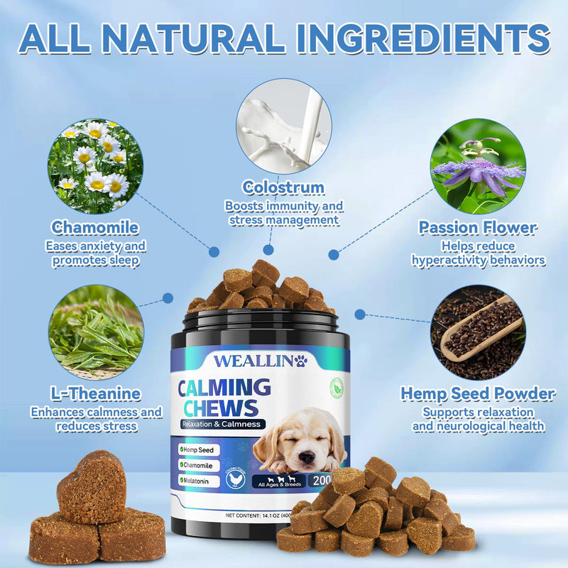 WEALLIN Calming Chews for Dogs, Dog Calming Chews with Organic Hemp Seed Oil & Powder, Soft Calming Treats for Stressful Moments, Travel, Thunder, Fireworks, Chicken Flavor, 200 Chews
