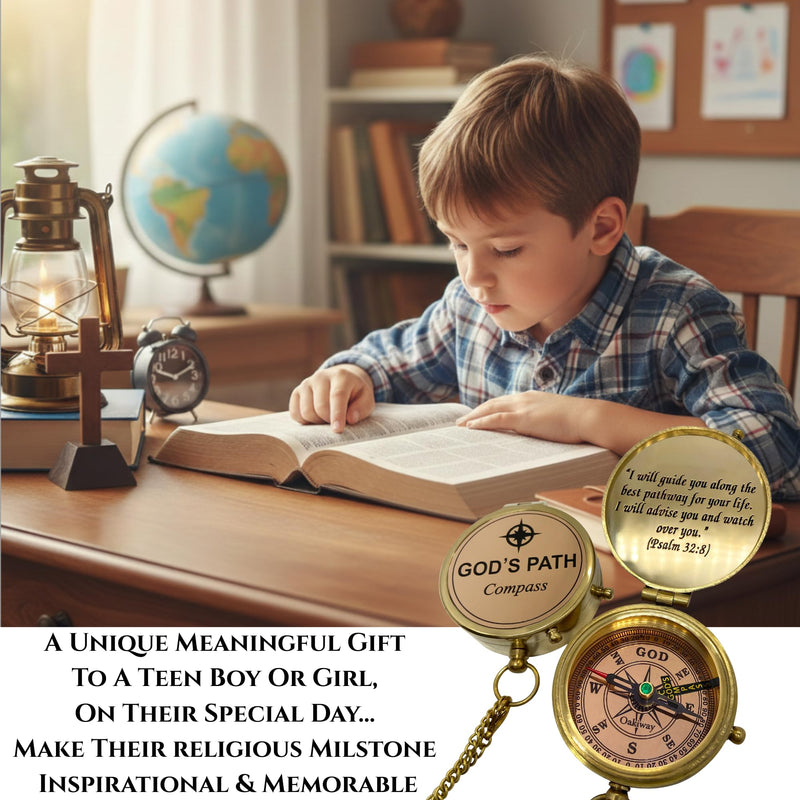 God's Path Compass – Communion & Confirmation Gift for Teenage Boys | Baptism Religious Gifts for Men, Christian, Catholic, Graduation | Sentimental & Inspirational Present – Greeting Card Included God's Path - Leather Case