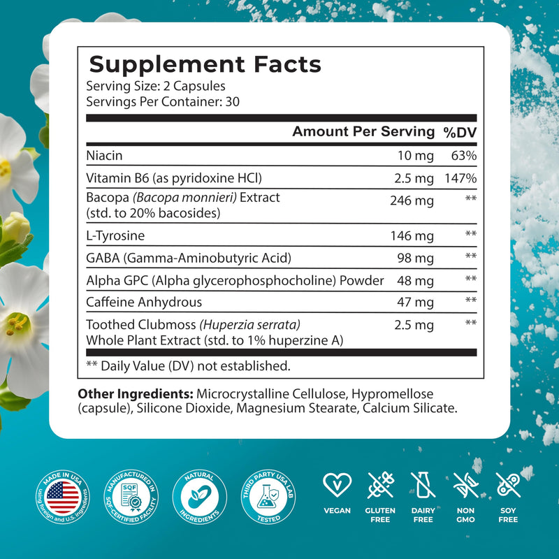 PUREHEALTH RESEARCH Ageless Brain - Supplements for Memory and Focus | Nootropic Brain Health Supplement - with Bacopa Monnieri, Alpha GPC, L-Tyrosine, Vitamin B6, Niacin & More - 60 Capsules