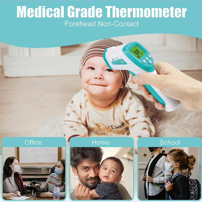 Amplim No-Touch Forehead Thermometer for Adults, Kids, and Infants: Digital Temporal Touchless Medical Grade Thermometer with LCD Display, Registry Must Have for Body Fever Temperatures, Blue Green White