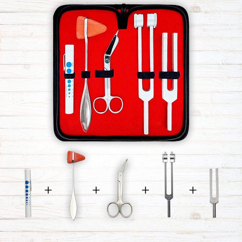 SurgicalOnline Percussion Taylor Reflex Hammer + C 128 & C 512 Tuning Forks + Bandage Scissors + Pupil Gauge Pen Light in Carrying Case - 6-Piece Set