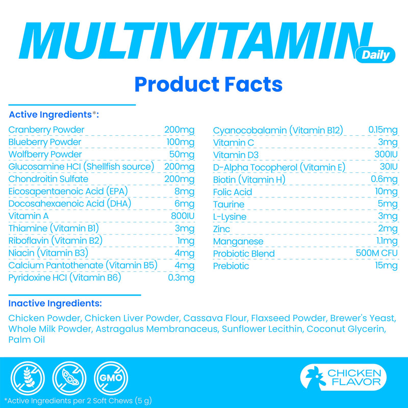 All-in-One Dog Multivitamin with Superfood Berries, Probiotics, Glucosamine, Omega 3 - Support Hip Joint, Skin Coat, Allergy Relief, Digestion, Immune Health - Vitamins Supplement - 120 Chews