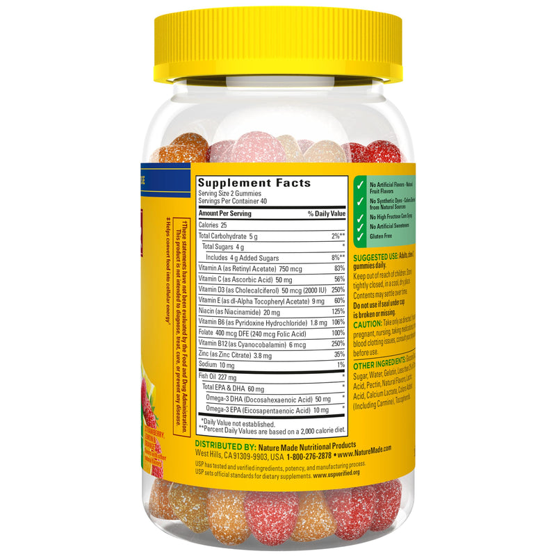 Nature Made Multivitamin + Omega-3, Multivitamin Gummies for Adults, 80 Ct | Adult Gummy Vitamins & Minerals, Multivitamin Gummies for Women and Men, Daily Nutritional Support, 40 Day Supply Strawberry, Lemon & Orange 80 Count (Pack of 1)