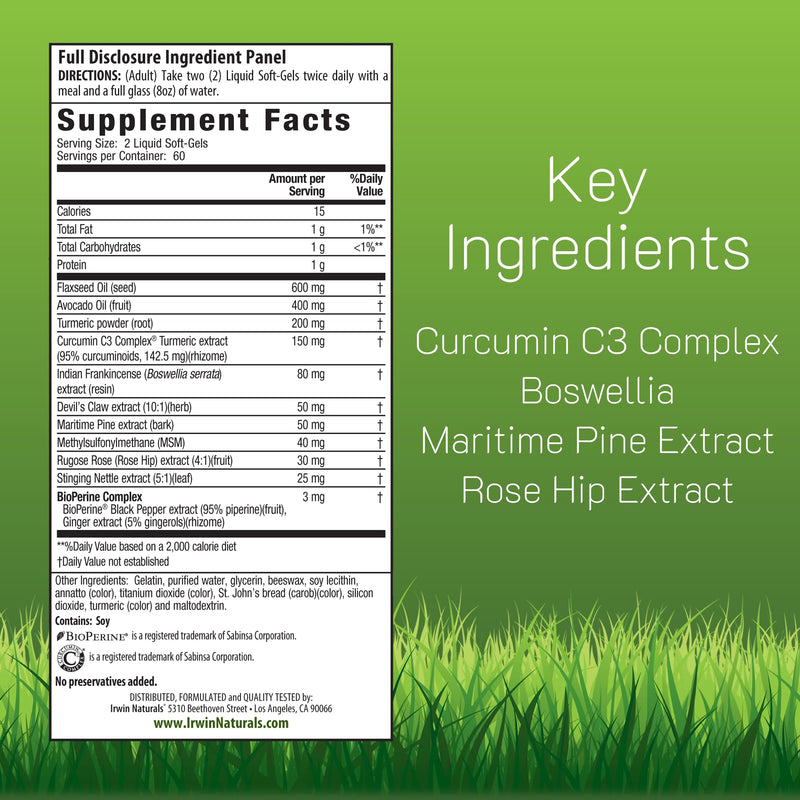 Irwin Naturals Whole-Body Turmeric Curcumin Wellness Formula (2 Pack) | Mobility & Joint Support | Curcumin C3 Complex + Boswellia | Enhanced absorption with BioPerine | 2 X 60 Liquid Soft-Gels 60 Count (Pack of 2)
