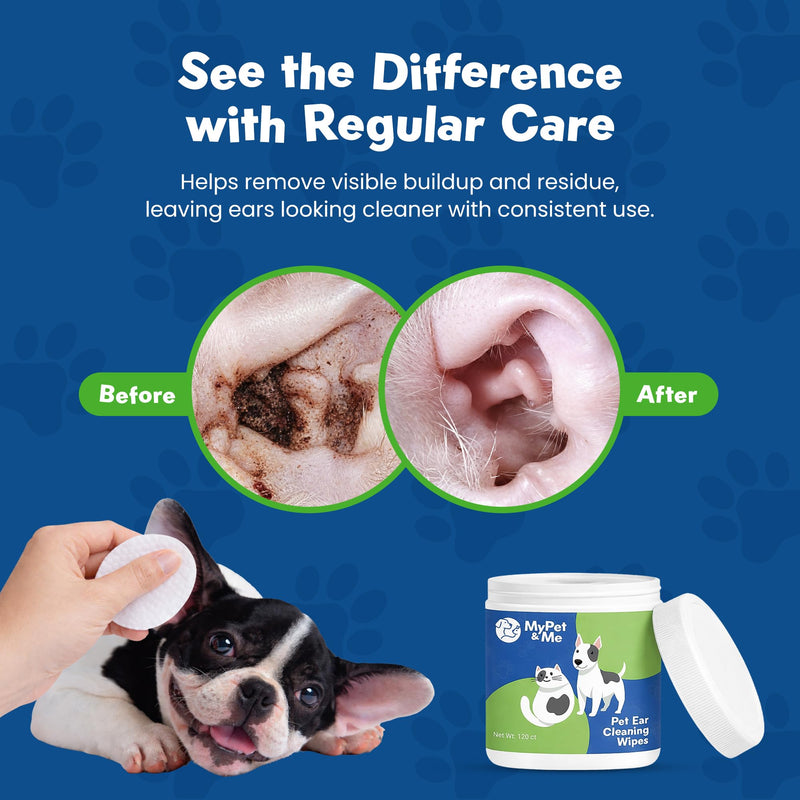My Pet & Me Dog & Cat Ear Cleaning Wipes, 120 Ct — Remove Wax, Dirt & Odor | Alcohol-Free Honey & Oat Formula for Itchy, Sensitive Ears | Pre-Moistened Pet Ear Cleaner Pads