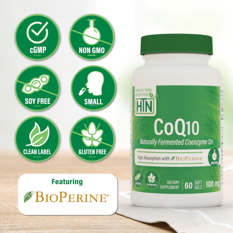 Health Thru Nutrition CoQ-10 100mg with BioPerine 60 Softgels | High Absorption Naturally Fermented USP Grade Coenzyme Q10 Supplement | 3rd Party Tested | Heart Health and Energy Support | High Absorption Naturally Fermented USP Grade Coenzyme Q10 Supp...