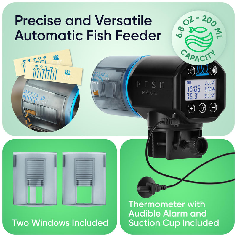 FISHNOSH Automatic Fish Feeder for Aquarium with Digital Thermometer - New Generation 2025, Auto Food Dispenser with Timer for Small Tank & Big Aquariums - BeesActive Australia