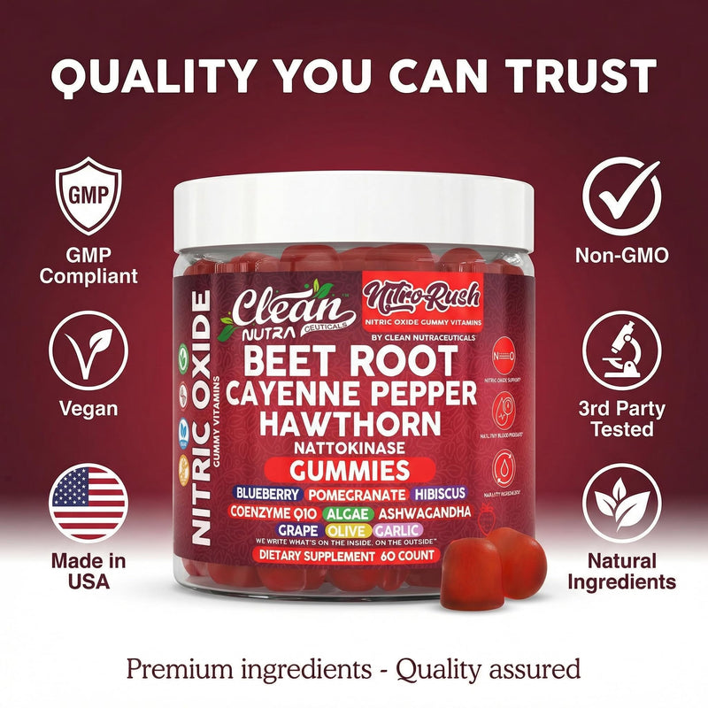 Nitro Rush Nitric Oxide Gummies Beet Root Cayenne Pepper Pomegranate Vitamin C Hawthorn Nattokinase Blueberry Hibiscus Coenzyme Q10 Algae Ashwagandha Root Grape Olive Garlic 60 Count by Clean Nutra