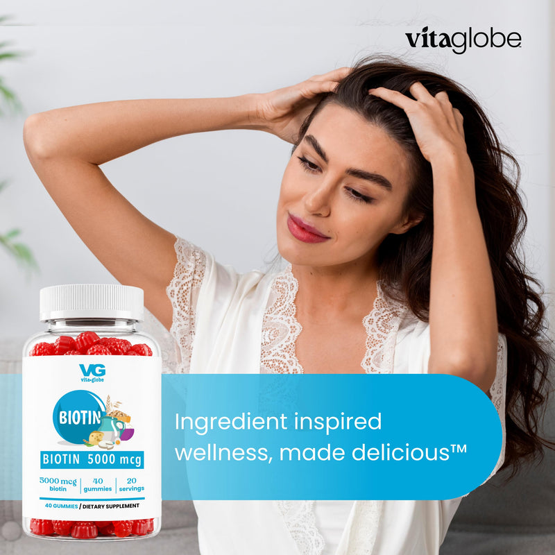 VITA GLOBE Hair Skin & Nails Gummies with Collagen 20mg + Biotin, Vegan | Hair Growth Support, Vitamins A C D E B6, Non-GMO, Chewable Daily Vitamins, 60 Gummies 40 Count (Pack of 1)