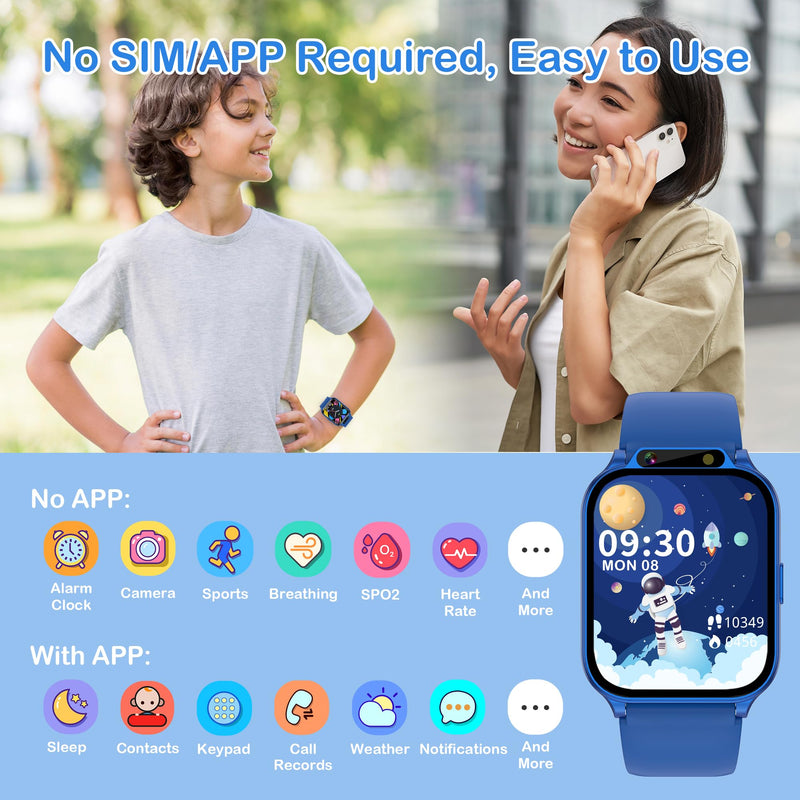 Kids Smart Watch Boys 1.85" with Fitness Tracker No APP/Phone, IP68 Waterproof Sport Modes, Heart Rate/Sleep Monitor, Video Music HD Camera DIY Dial Pedometer Game, Gifts Toys for 4-13 Year Old Blue