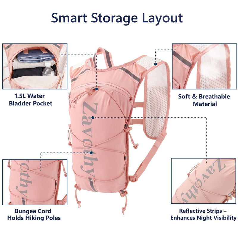 Zavothy Hydration Running Vest for Men & Women – Lightweight 1.5L Hydration Pack with Phone Pockets, Water Bottle Holders, Reflective Strips, Rain Cover – Trail Running, Cycling, Marathon Pink 1.5L Bladder