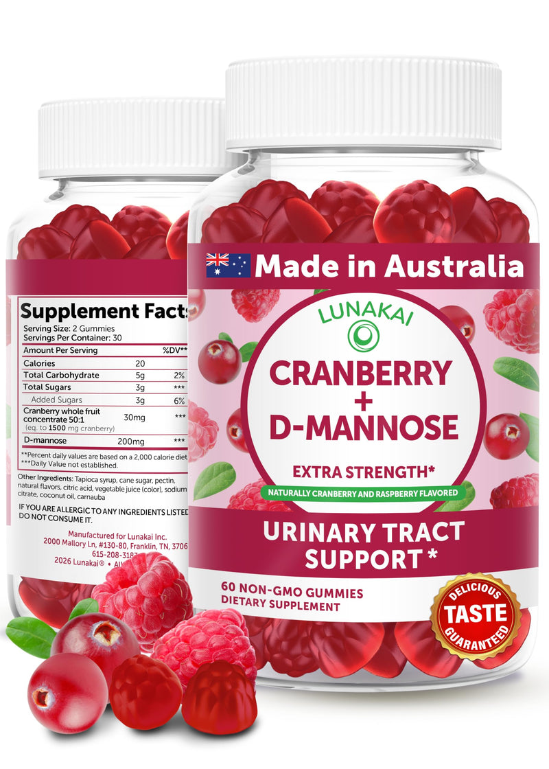 Lunakai Cranberry Gummies for Women 1500mg (50:1 Extract) with D-Mannose 200mg - Daily Cranberry Supplement for Urinary Tract Health & Bladder Support, Non-GMO – Made in Australia – 60ct