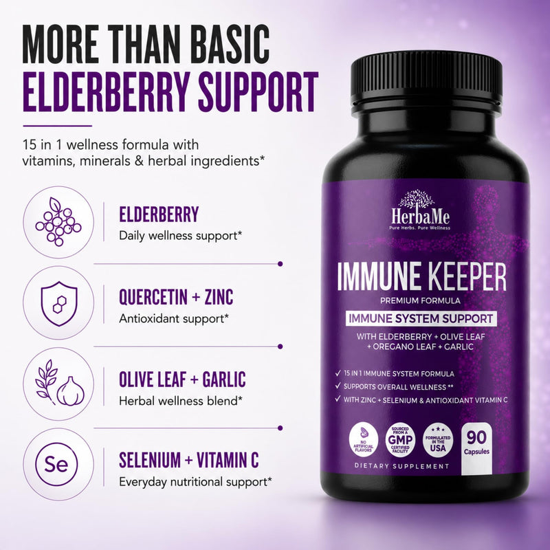 HerbaMe Immune Support Supplement with Elderberry, Quercetin & Zinc | 15-in-1 Formula with Vitamin C, Selenium, Olive Leaf, Garlic for Daily Health, Wellness & Antioxidant Support, 90 Capsules