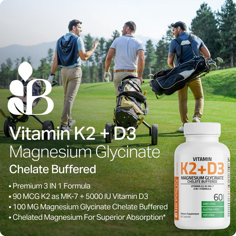 Bronson Vitamin K2+D3 Magnesium Glycinate Supplement, 60 Capsules | 3-in-1 Bone & Heart Health Support Formula, Non-GMO, Gluten Free, Soy Free 60 Count (Pack of 1)