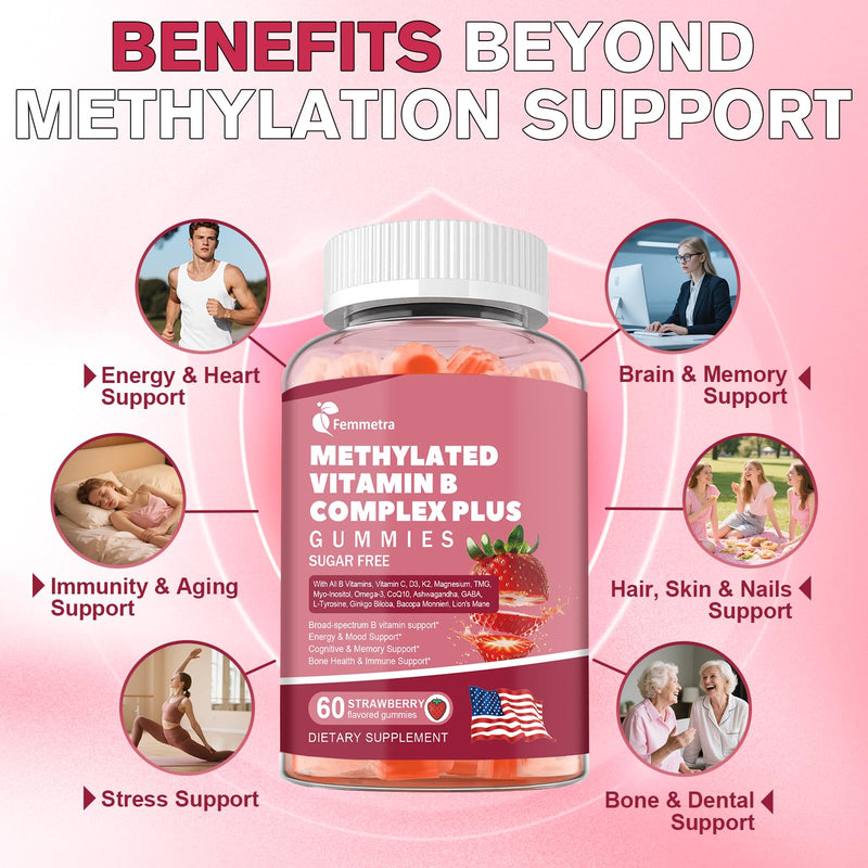 Ultra Methylated Vitamin B Complex Sugar Free Methylation Support Gummies | All B Vitamins + C D3 K2 Ashwagandha Magnesium Omega-3 CoQ10 TMG for Women Men, Methyl B12, L Methyl Folate B1 B2 B3 B5 B6 B7 60 Count (Pack of 1)