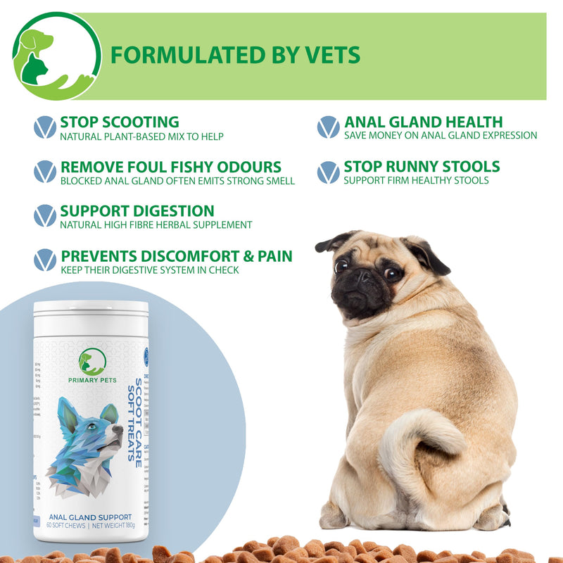 Primary Pets Premium Pet Supplies Scoot Relief Treats, Anal Gland Support for Dogs | High Fibre Supplement with Psyllium Husk, Pumpkin Seeds, Dandelion Root & Prebiotics | 60 Soft Chews 60 Chews