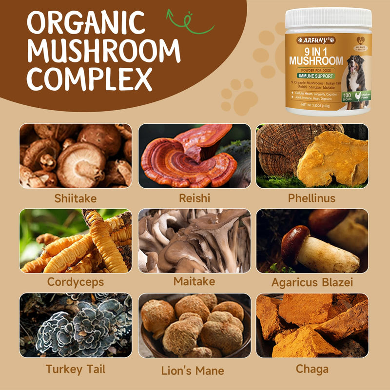 Mushroom for Dogs - Turkey Tail for Dogs - 9 Organic Mushroom Supplement with Turkey Tail, Reishi, Lions Mane - Hip & Joint, Skin & Coat, Digestive, Cellular, Immune Health Support - Chicken Flavor