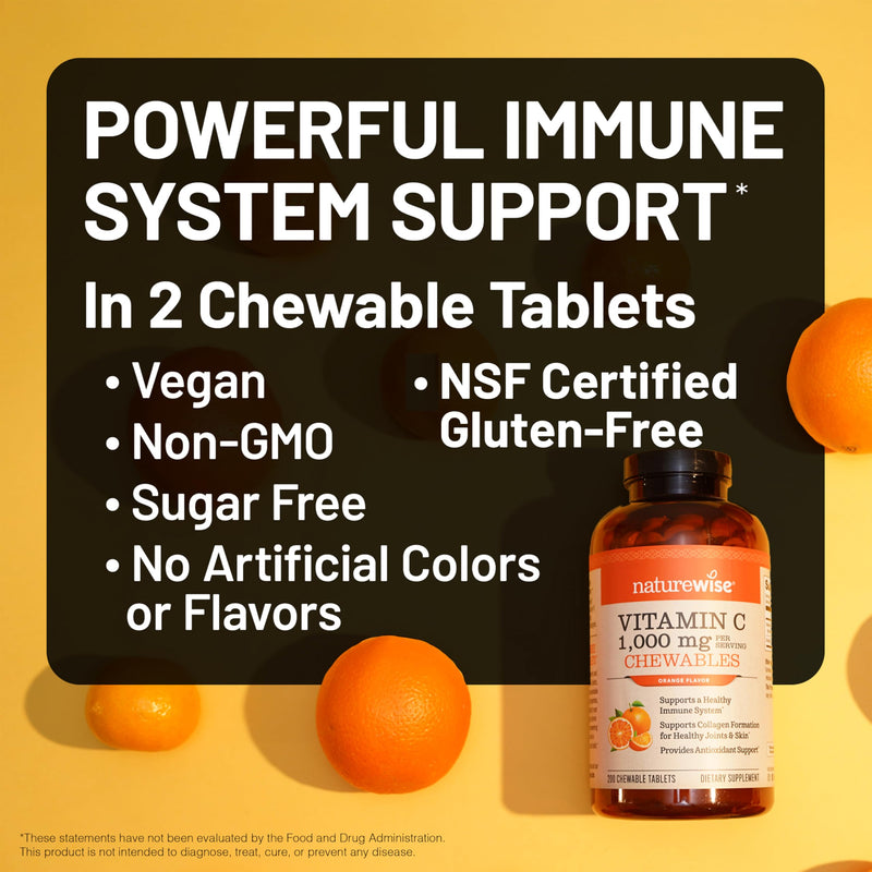 NatureWise Extra Strength Vitamin C Chewable 1000mg for Adults - Natural Orange Flavor - Immune System & Antioxidant Support - Non-GMO, Vegan & Sugar Free - 90 Chewable Tablets[45-Day Supply] 90 Count (Pack of 1)