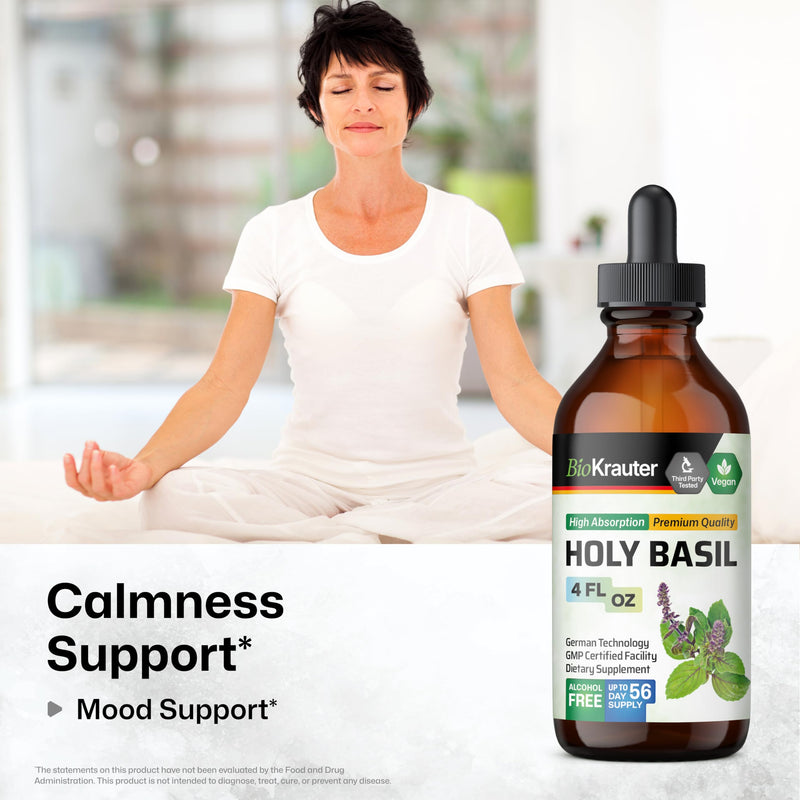 BIO KRAUTER Holy Basil Tincture - Tulsi Powder Liquid Extract - Supports Calmness and Relaxation - Ursolic Acid Supplement - Alcohol and Sugar Free Holy Basil Extract - Vegan Drops 4 Fl.Oz. 4 Fl Oz (Pack of 1)