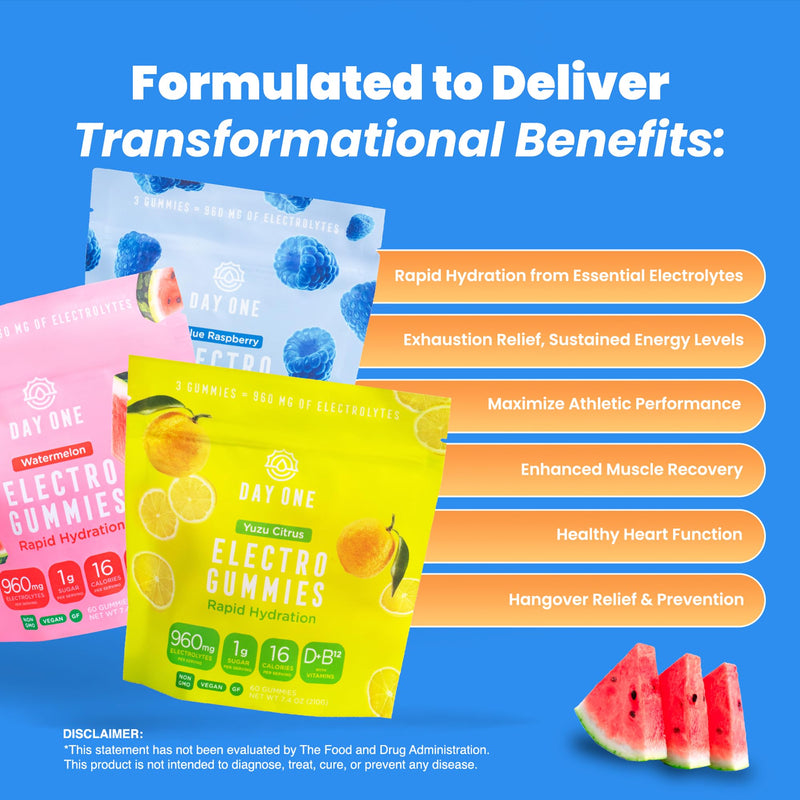 Day One Electrogummies Sour Pack - Citrus, Blue Raspberry & Watermelon Electrolyte Gummies for Runner, Athlete - Hydration Gummies with Electrolytes - Alternative to Powders, Tablets 180 Count 60 Count (Pack of 3)