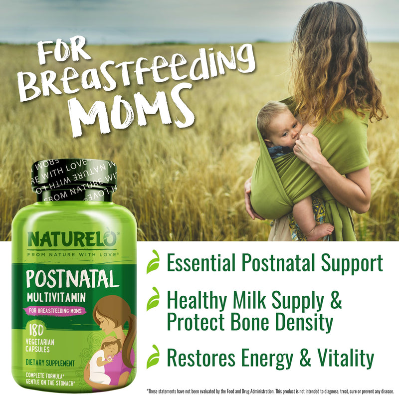 NATURELO Postnatal Multivitamin, Postnatal Vitamins, 180 Capsules | For breastfeeding women, plant-based vitamin D, folate, gentle iron, post natal lactation support, breastfeeding supplement 180 Count (Pack of 1)