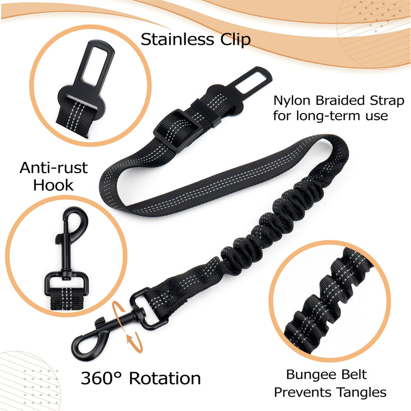 Reflective Bungee Dog Seatbelt Set of 2 with Hook, Adjustable Heavy Duty Elastic Pet Seat Belt for Vehicle, Durable Nylon Car Harness for Dogs, Pet Safety Travel - BeesActive Australia