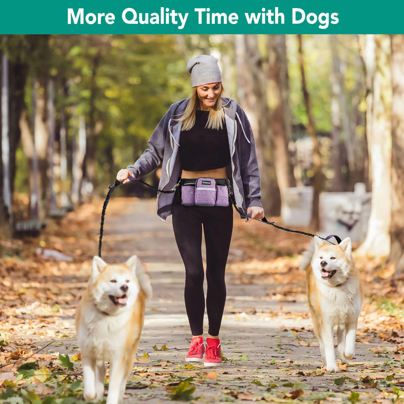 PetAmi Premium Hands Free Dog Leash for 2 Dogs, Adjustable Waist Belt Leash for Dog Walking, Fanny Pack Accessories Bag Dual Bungee Leash for Running, Hiking, Jogging, Biking, Purple 2 Leashes