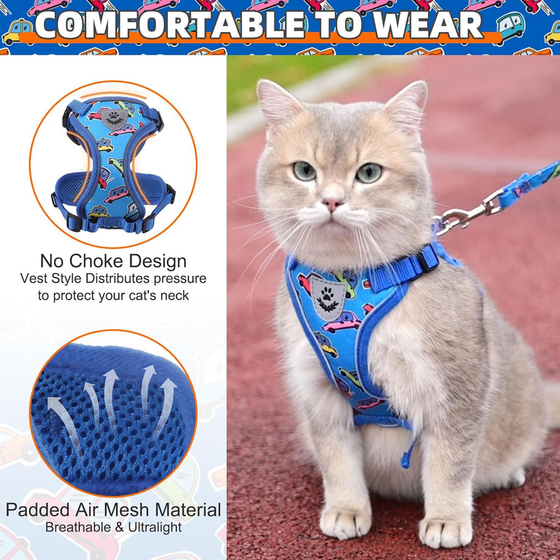 KOOLTAIL Cat Harness and Leash Set, Escape Proof for Safe Walking & Travel, Reflective Comfortable Easy Control Adjustable Kitten Harness for Boys&Girls Small Medium Large Cats Car M Cartoon Car Pattern - BeesActive Australia