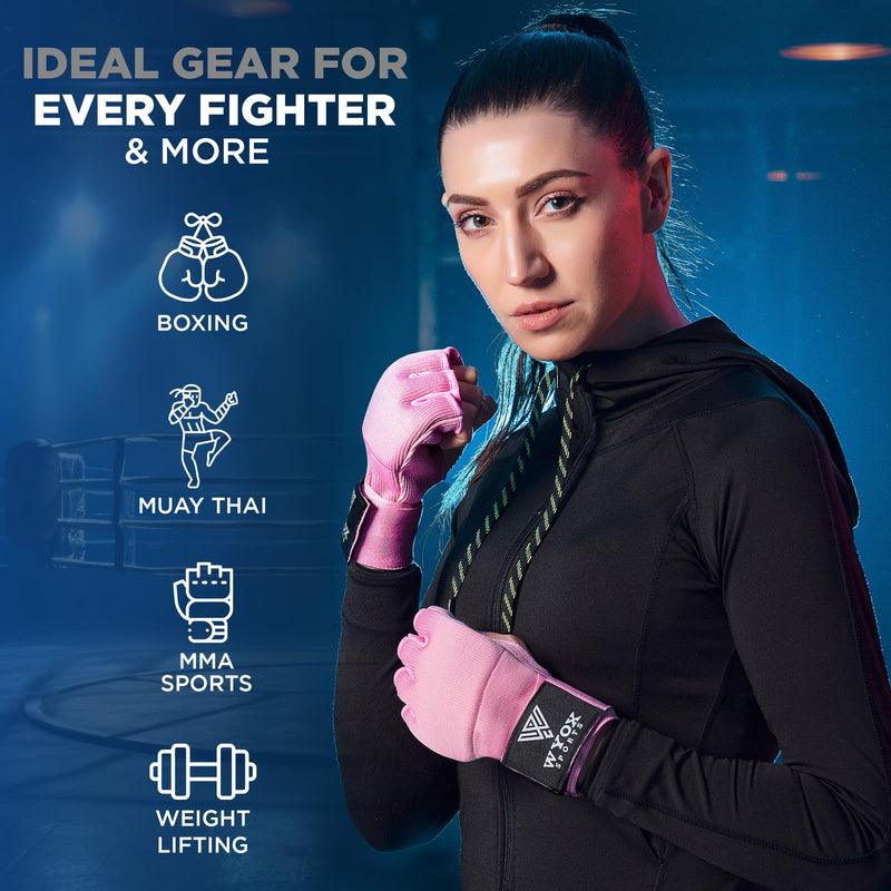 WYOX Gel Boxing Hand Wraps Inner Gloves for Men & Women – 80cm Quick Wrist Strap, Padded Knuckle Support, Fingerless MMA Muay Thai Kickboxing Wraps for Training, Punching & Martial Arts Small-Medium Pink