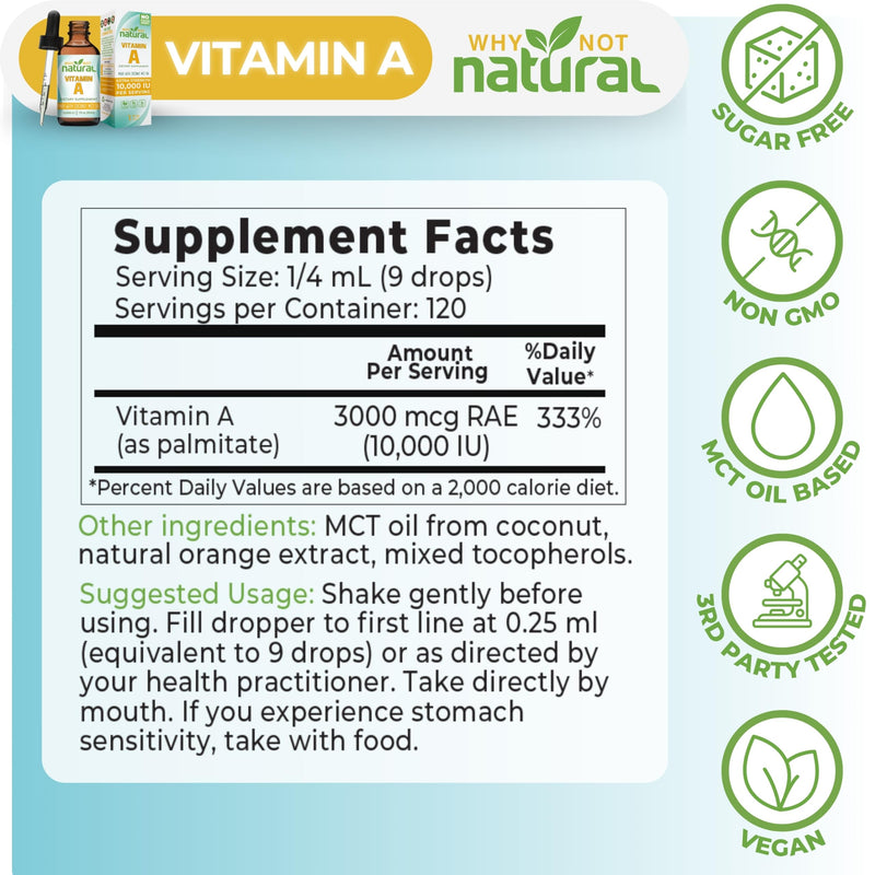 Why Not Natural Vitamin A Drops 10000 IU - Liquid retinyl Palmitate with Coconut MCT Oil, Vegan VIT A Supplement for Skin - 1 oz sublingual Tincture - BeesActive Australia