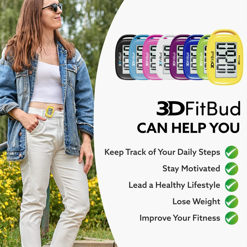 3DFitBud Simple Step Counter Walking 3D Pedometer by 3DActive with Clip, Lanyard Accurate Step Tracker Large Display, Easy to Use for Kids Men Women Adult Seniors Daily Step Tracking - A420S Yellow