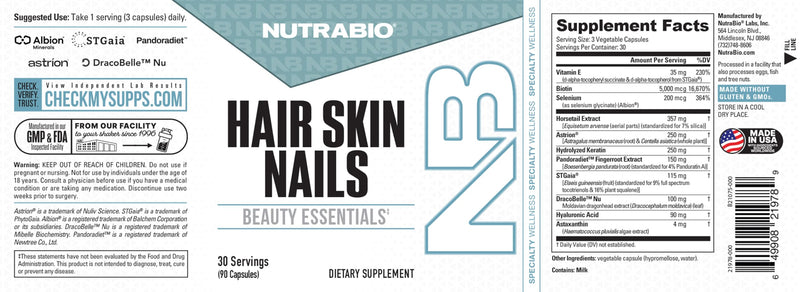 NutraBio Hair Skin Nails Vitamins, 90 Capsules | Enhanced Collagen Support, Skin Hydration, Hair Growth with Biotin, Keratin, Hyaluronic Acid