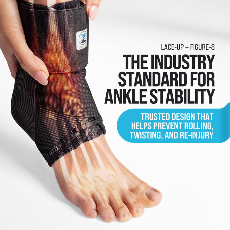 Z ATHLETICS Ankle Brace for Women & Men - Lace Up Adjustable Support with Side Stabilizers for Sprained Ankle, Achilles Tendonitis Relief | Basketball, Volleyball, Running & Sports Recovery Black Medium