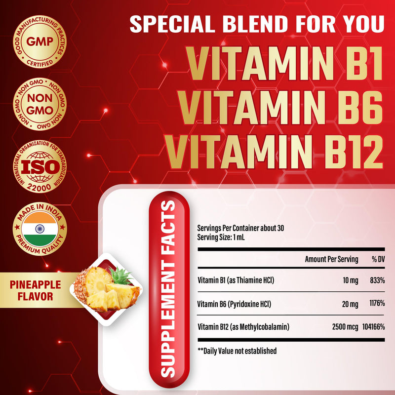 3-in-1 Vitamin B Complex Liquid Drops for Women & Men - with B1 Thiamine, B6 Pyridoxine, B12 Methylcobalamin - Alcohol-Free, Non-GMO - 30ml 1 Fl Oz