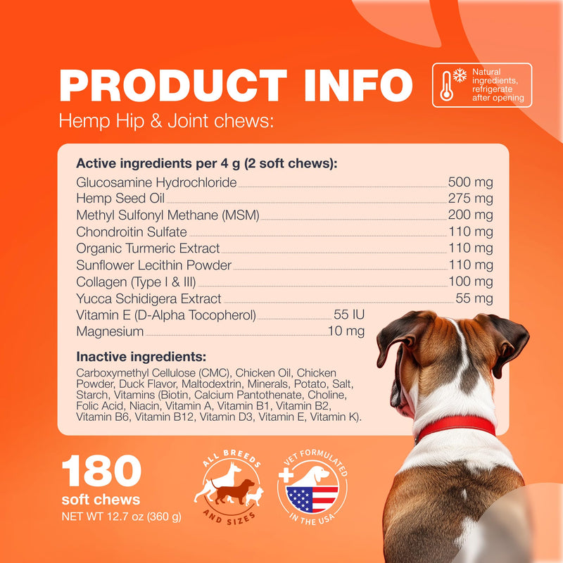 Glucosamine for Dogs - Joint Supplement for Dogs - Glucosamine Chondroitin - 180 Hip and Joint Care Mobility Chews - MSM, Turmeric - Advanced Mobility Support - Bone Health - Large and Small Breeds 180 count Hip & Joint Chews