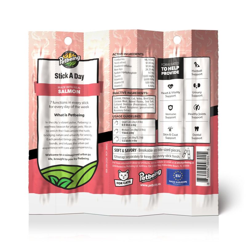 Stick a Day Cats | Specially Formulated 7-in-1 Functions Daily Real Meat Supplement for Cats | Cat Chew Stick & Pet Vitamins Supplements Combination (7-Pack x 4, Mix) Mix of (Chicken & Salmon)
