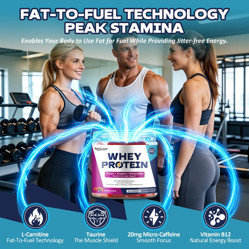 3-in-1 Whey Protein Gummies: 10g Isolate, Creatine & Electrolytes | Power, Recovery, Hydration, 0 Sugar Keto Pre Post Workout for Men & Women, Energy Boost On-the-Go Fitness, 120 Count