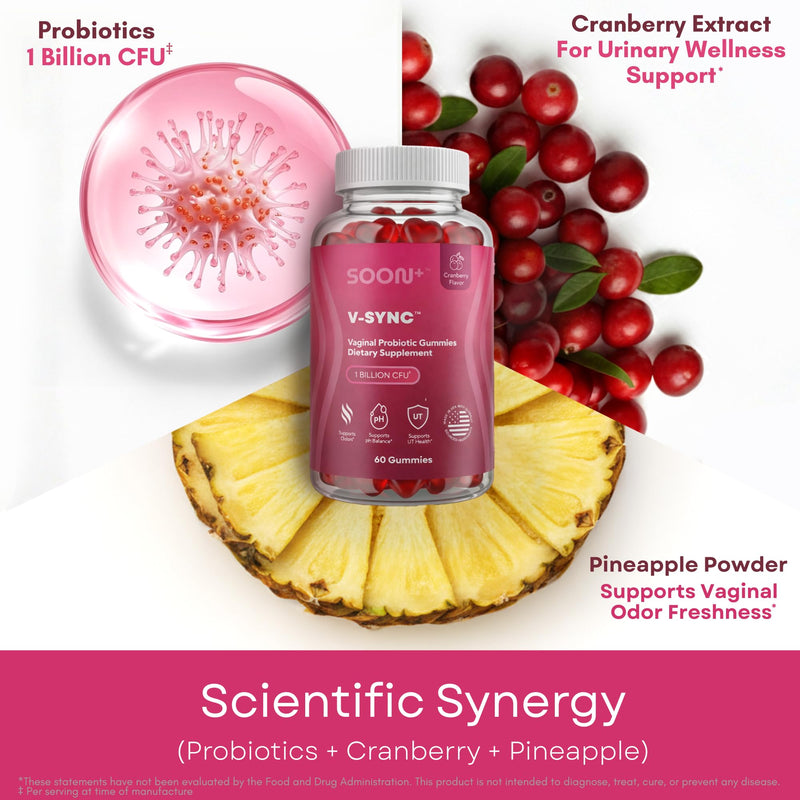 SOON+ Feminine Balance Gummies for Women, V-Sync Pineapple Probiotics | For pH Balance Support, Vaginal, Urinary, Immune, Digestive Wellness with Bacillus Coagulans, Cranberry, VitaminC, 60 Gummies