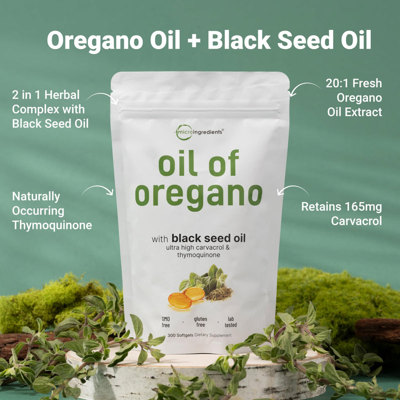 Micro Ingredients Oil of Oregano Softgels, 300 Count | 2 in 1 Formulated with Black Seed Oil, 4X Strength Carvacrol & Thymoquinone | Plant Based, Non-GMO, & Immune Support 300 Count (Pack of 1)