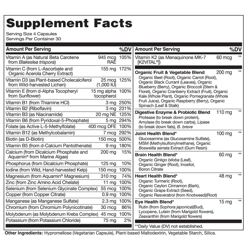 NATURELO Whole Food Multivitamin Health Blends, Women 50+ 120 Caps | Women's Multivitmins, Iron Free with Vitamins, Minerals, & Organic Extracts for Post Menopause 120 Count (Pack of 1)