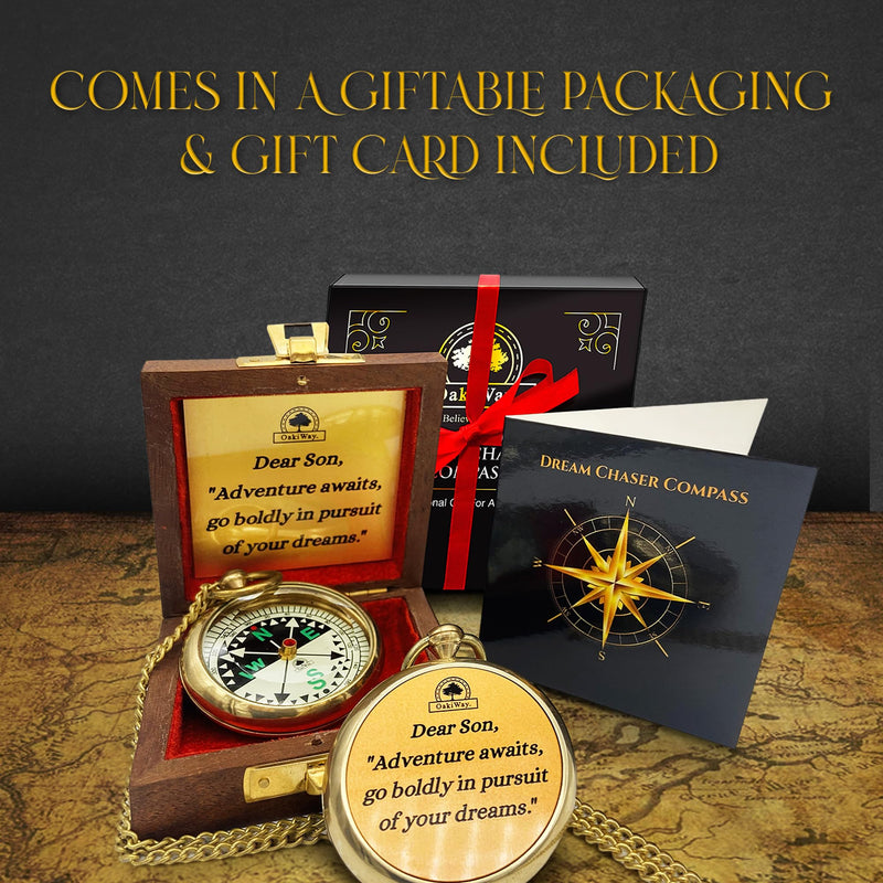 The Dream Chaser Compass - Go Confidently -2026 Unique Graduation Gifts for Him, College, High School, Cool Birthday Gift Idea for Son, Boys, Motivational Greeting Card Included Dream Chaser - Dear Son