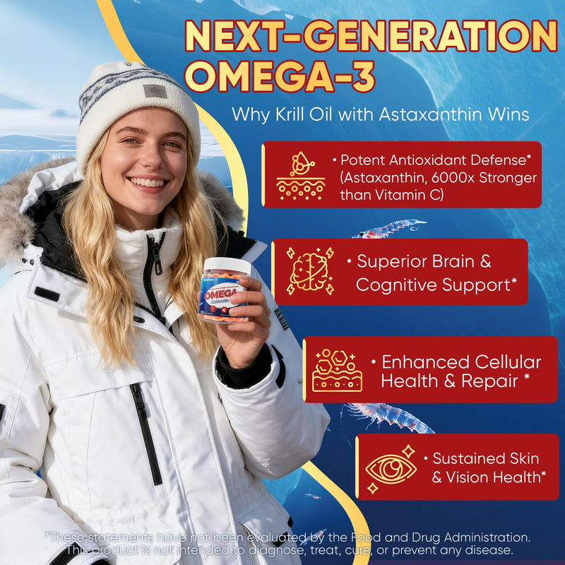Liposomal Antarctic Krill Oil Omega 3 Gummies 2000mg - Fish Oil Alternative | Cellular Level Absorption Omega-3 with EPA, DHA & Astaxanthin - Antioxidant & Brain Support - 60 Count