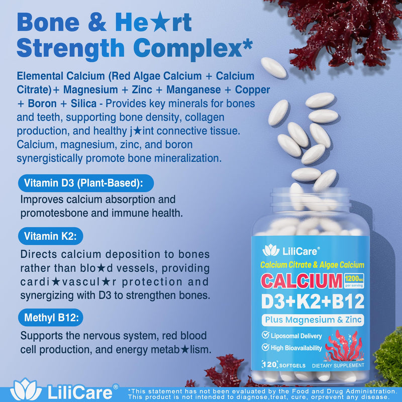 Calcium 1200 mg with Vitamin D3 K2 5000 IU Softgels Supplement for Women Men - Liposomal Calcium Citrate & Algae Calcium Magnesium Zinc + D3 K2 B12, Plant-Based Vegan Vitamin D, Boron for Bone, 2 Pack 120 Count (Pack of 2)