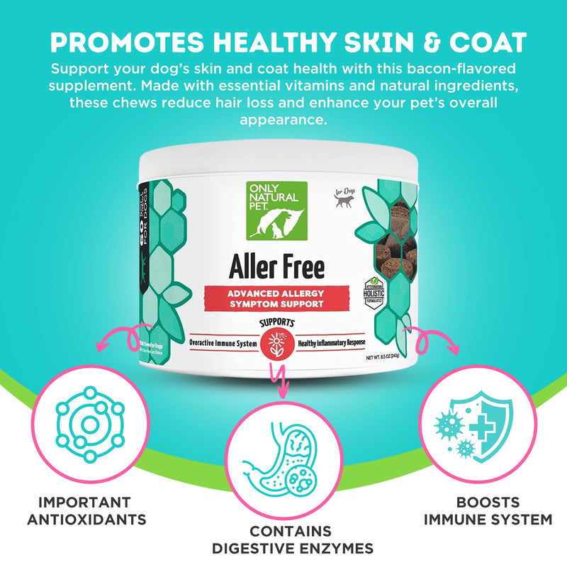 ONLY NATURAL PET AllerFree Advanced Allergy Support for Dogs w/Quercetin & Probiotics - Immune, Respiratory, Skin & Coat Health - Itchy Paws & Licking - Bacon-Flavored 60 Soft Chewable 60 Count (Pack of 1)