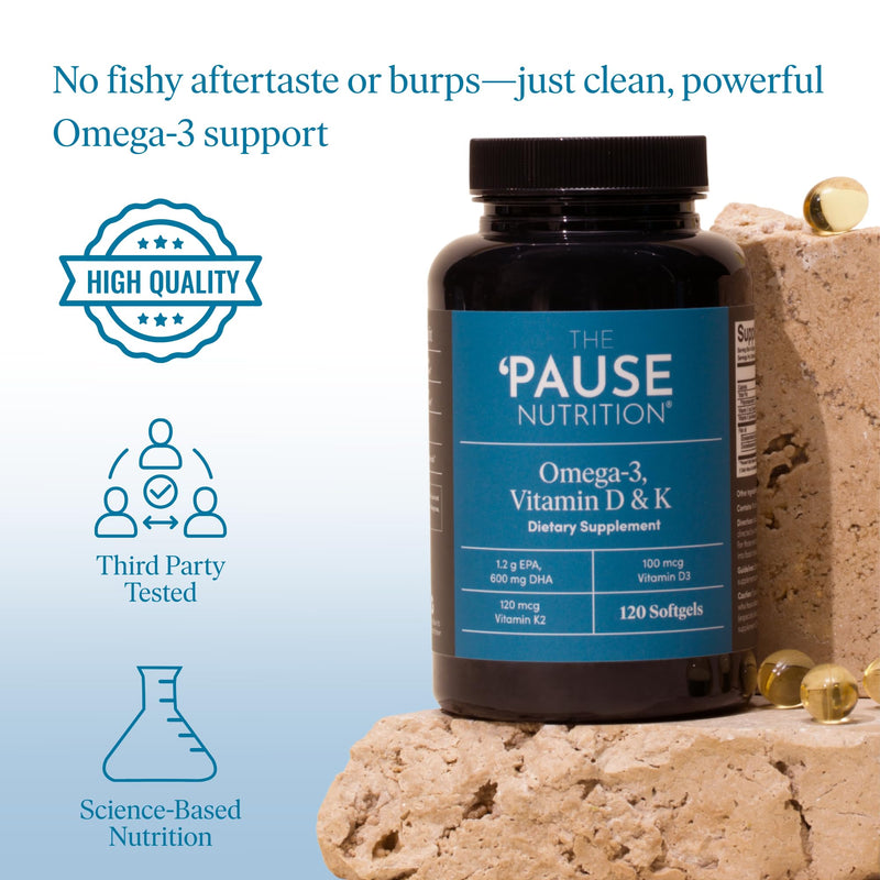 The 'Pause Life Omega 3, Vitamin D3 & K2 Fish Oil Supplement, 120 Softgels | Gluten & dairy free fish oil with vitamins D3 & K2. Supports immune function, bone health & daily wellness. 30-day supply
